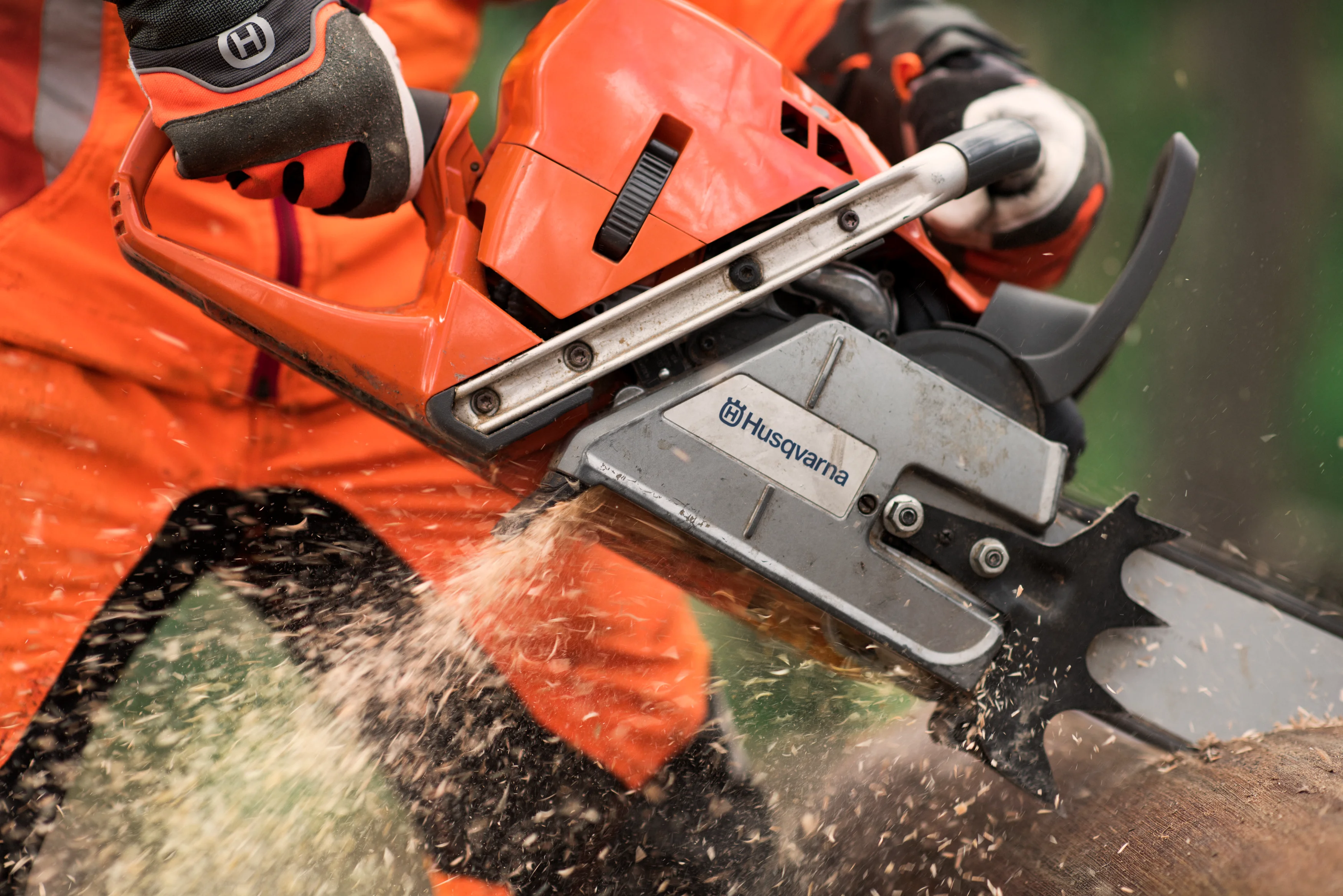 Waldarbeiter führt mit der Husqvarna 572 XPG Motorsäge unter starkem Späneflug einen Sägeschnitt an einem Baumstamm aus.