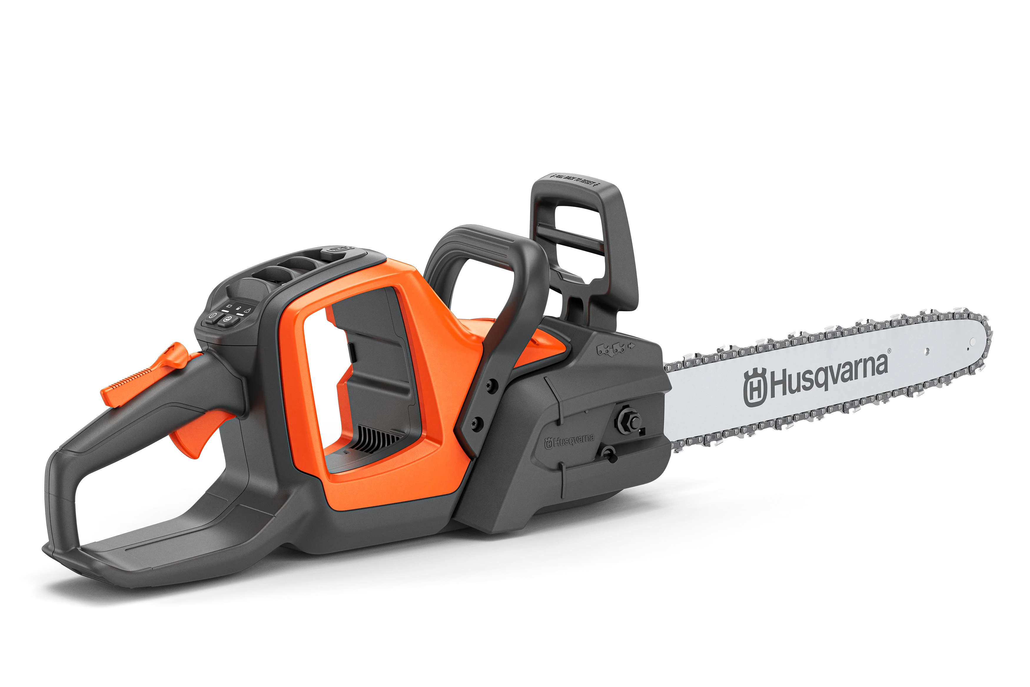 Husqvarna 242i Akku-Motorsäge ohne Akku mit leerem Akkuschacht auf schwarzem Hintergrund in der rechten Seitenansicht.