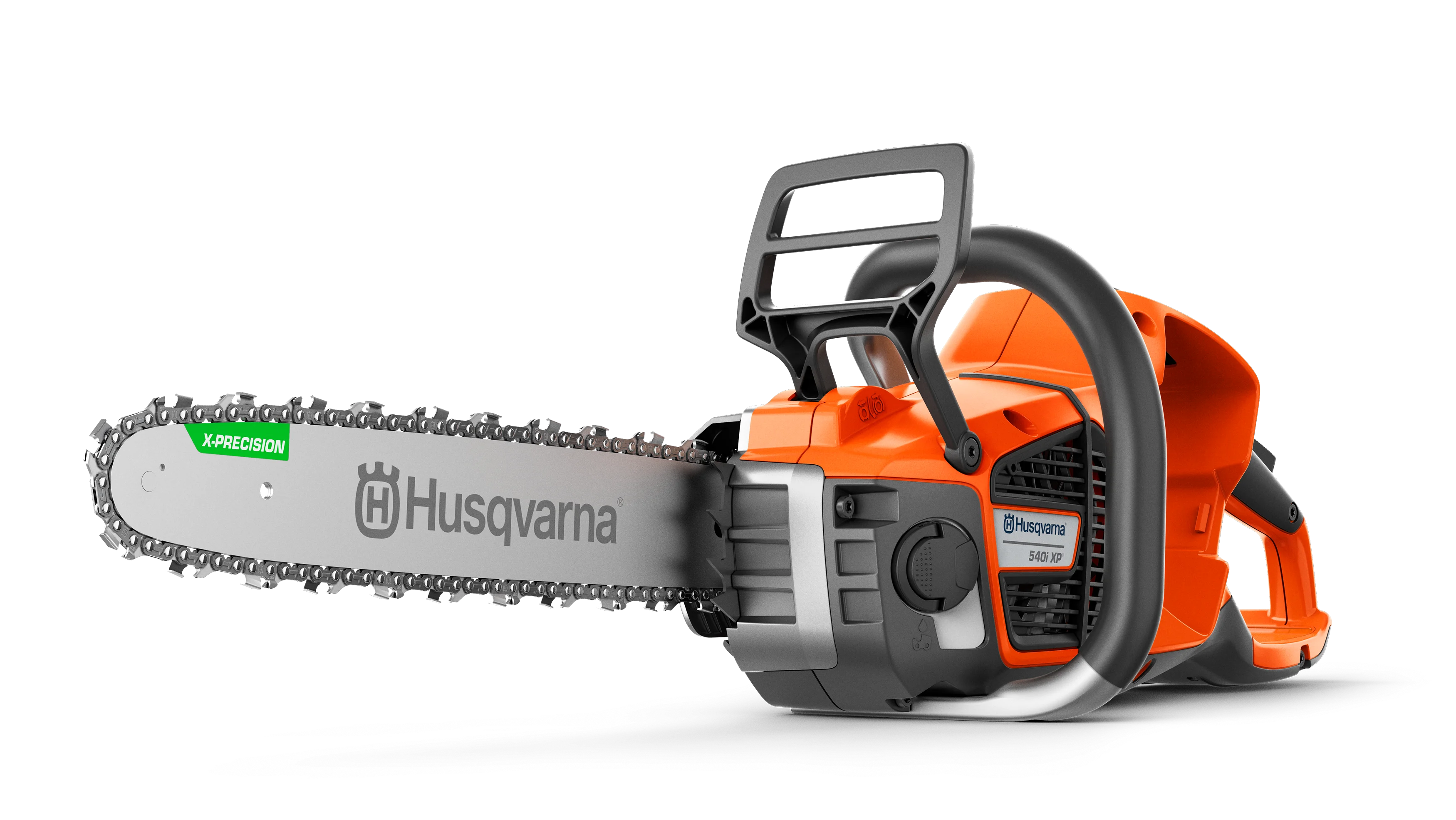 Husqvarna 540i XP Akku-Motorsäge ohne Akku mit leerem Akkuschacht und X-Precision-Schwert in der Frontansicht von vorne links.