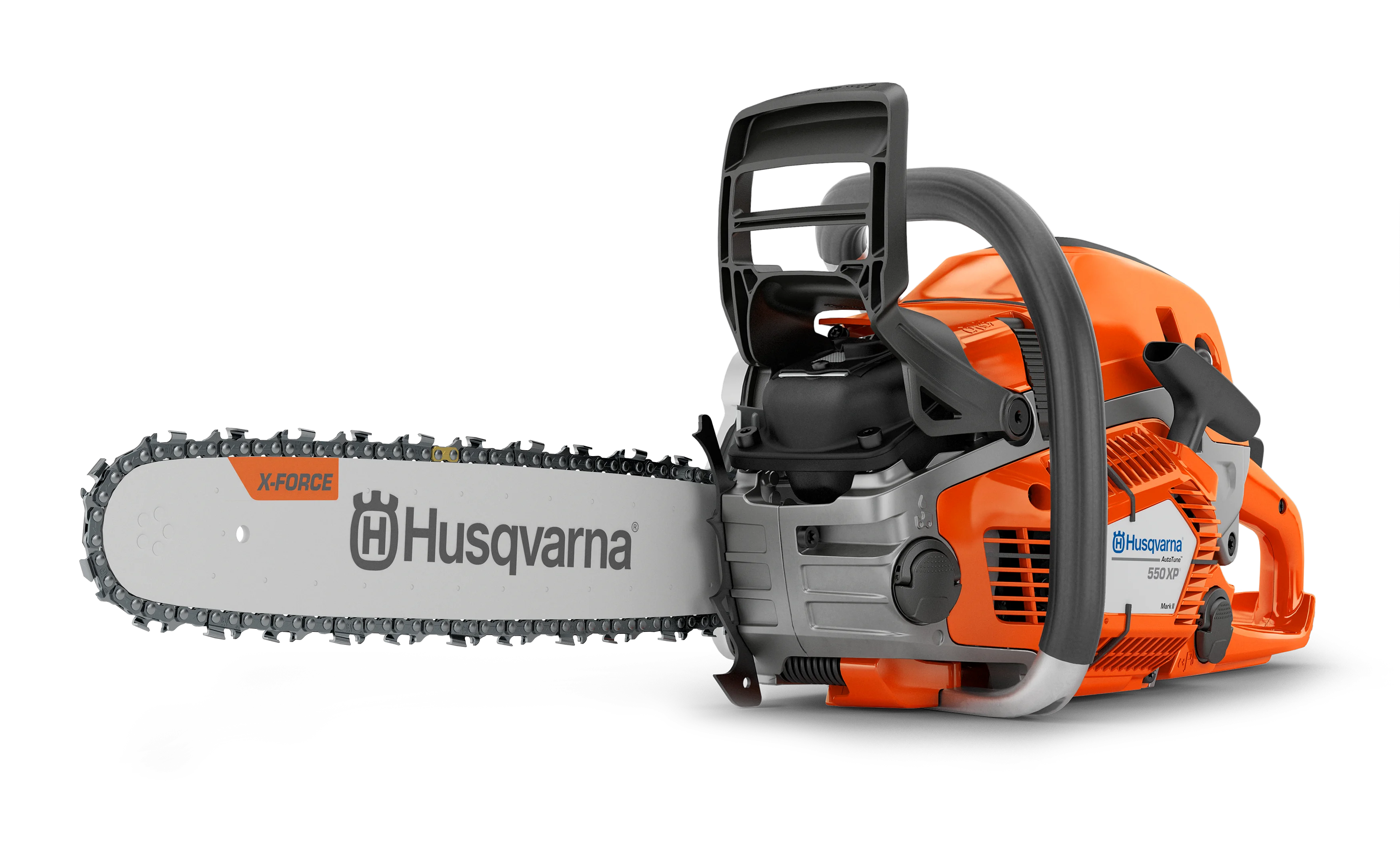 Husqvarna 550 XP Mark II Benzin-Motorsäge mit X-Force-Führungsschiene und grauer Kupplungsabdeckung.
