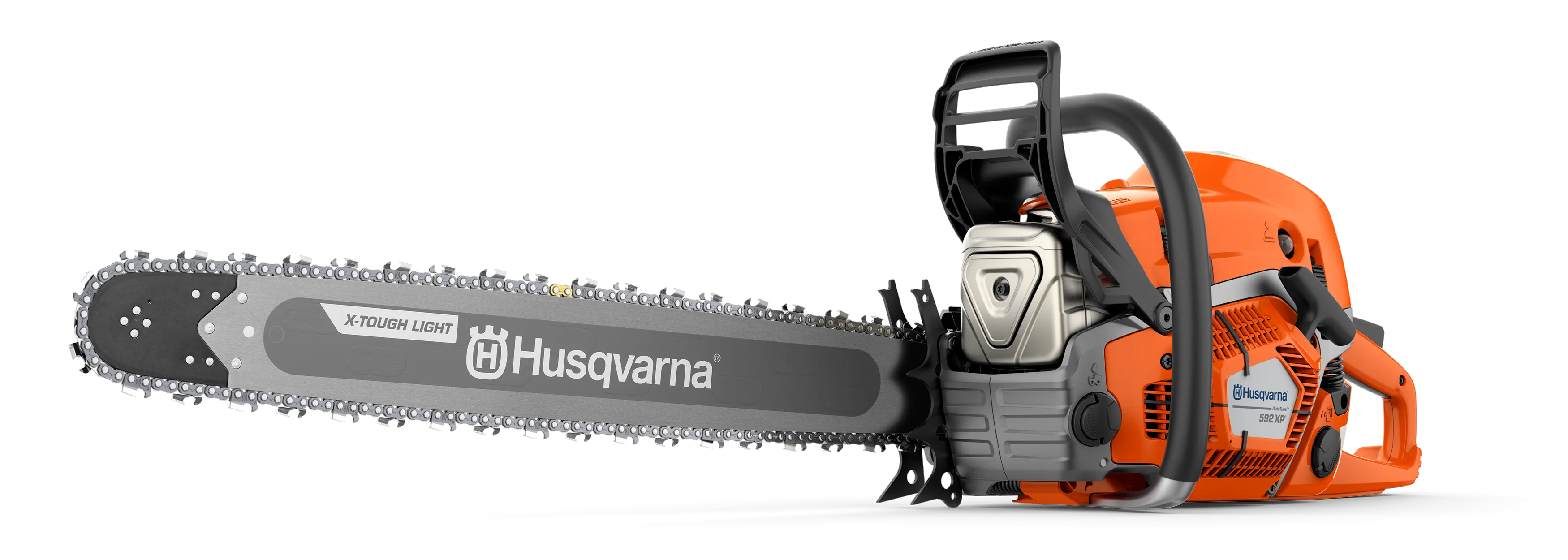 Husqvarna 592 XPG Profi-Motorsäge mit Griffheizung und 24-Zoll-Schwert in der Seitenansicht.