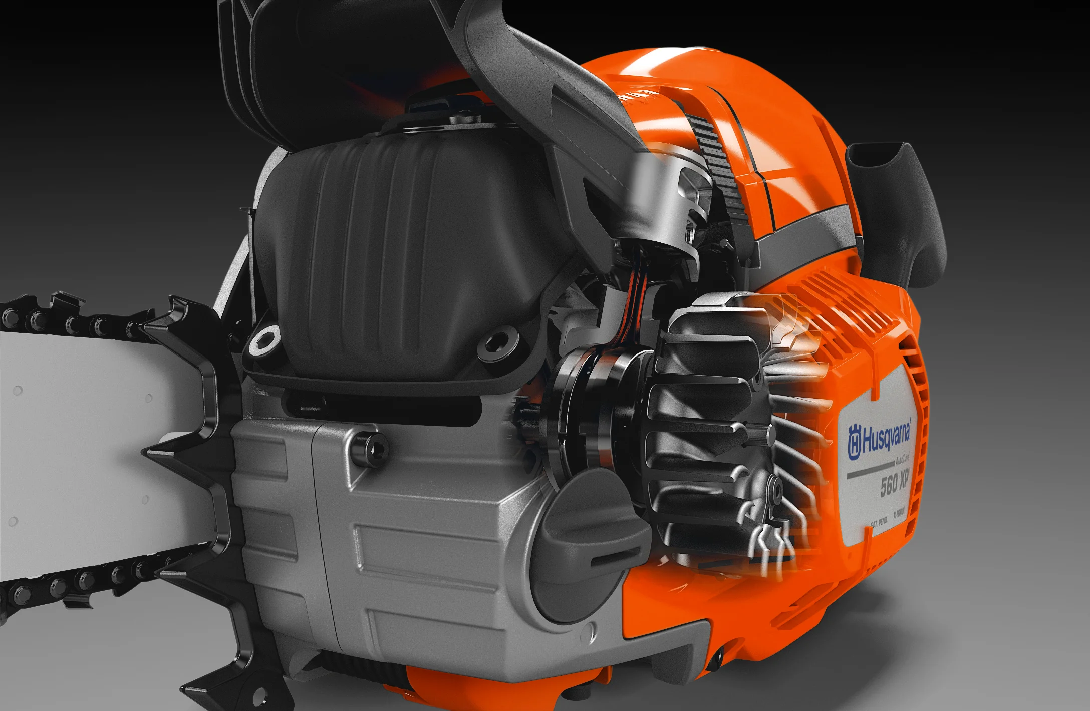 Transparente Schnittdarstellung des Lüfterrads und Luftreinigungssystems einer Husqvarna 560 XP.