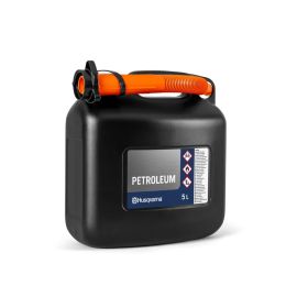 Schwarzer 5-Liter-Kanister für Petroleum mit orangefarbenem Ausgießer von Husqvarna