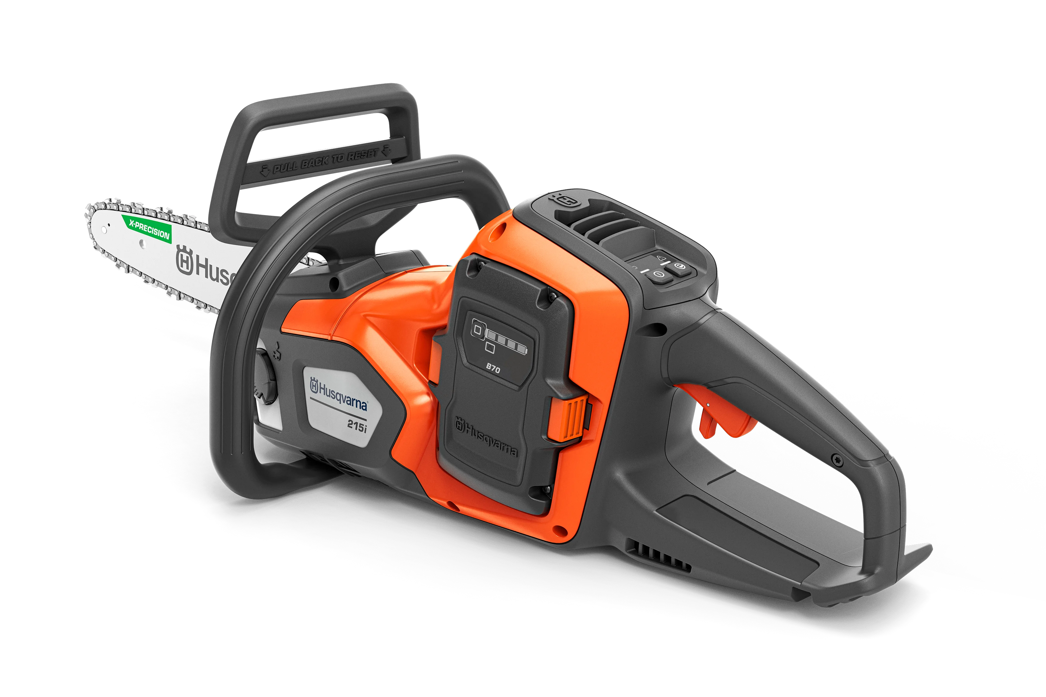 Husqvarna 215i Akku-Motorsäge mit eingelegtem Lithium-Ionen-Akku in der linken Seitenansicht.