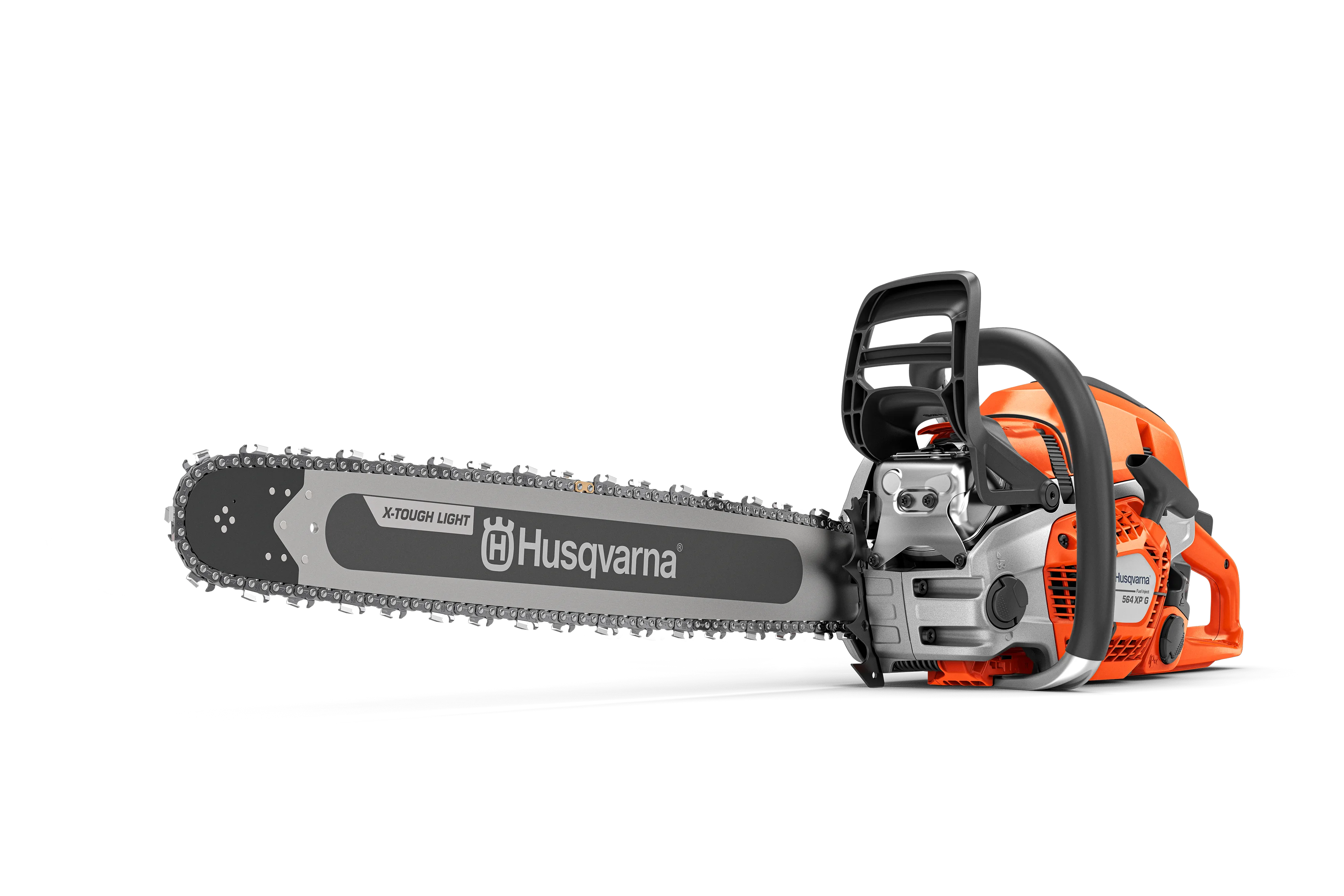 Seitenansicht der Husqvarna 564 XPG Profi-Motorsäge mit Griffheizung und X-Tough Light Führungsschiene.
