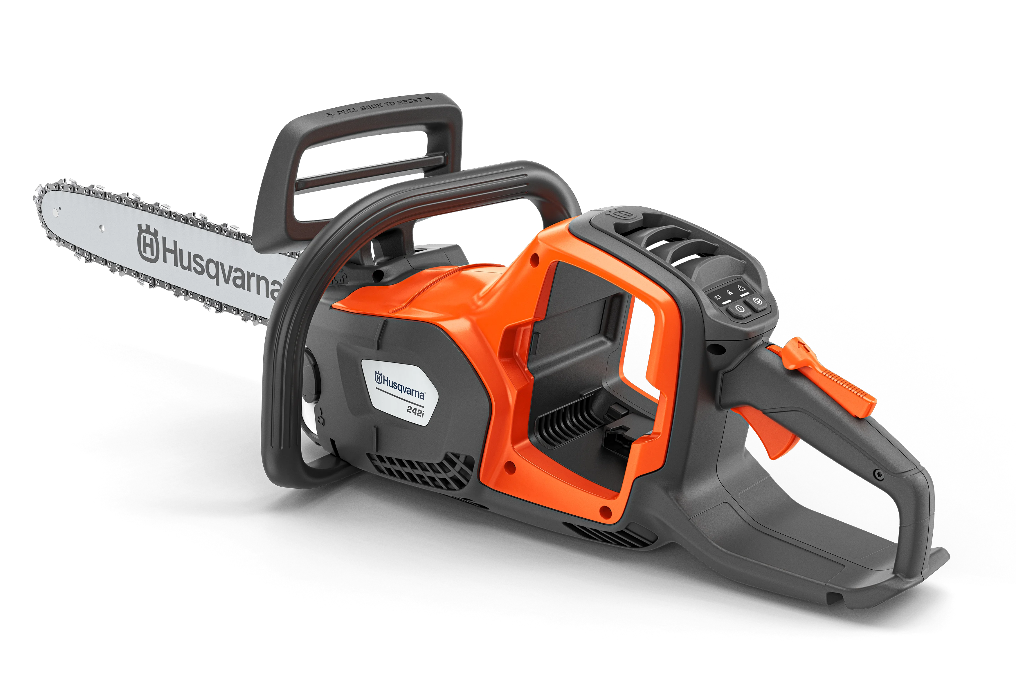 Husqvarna 242i Akku-Motorsäge ohne Akku mit leerem Akkuschacht in der Ansicht von hinten links.