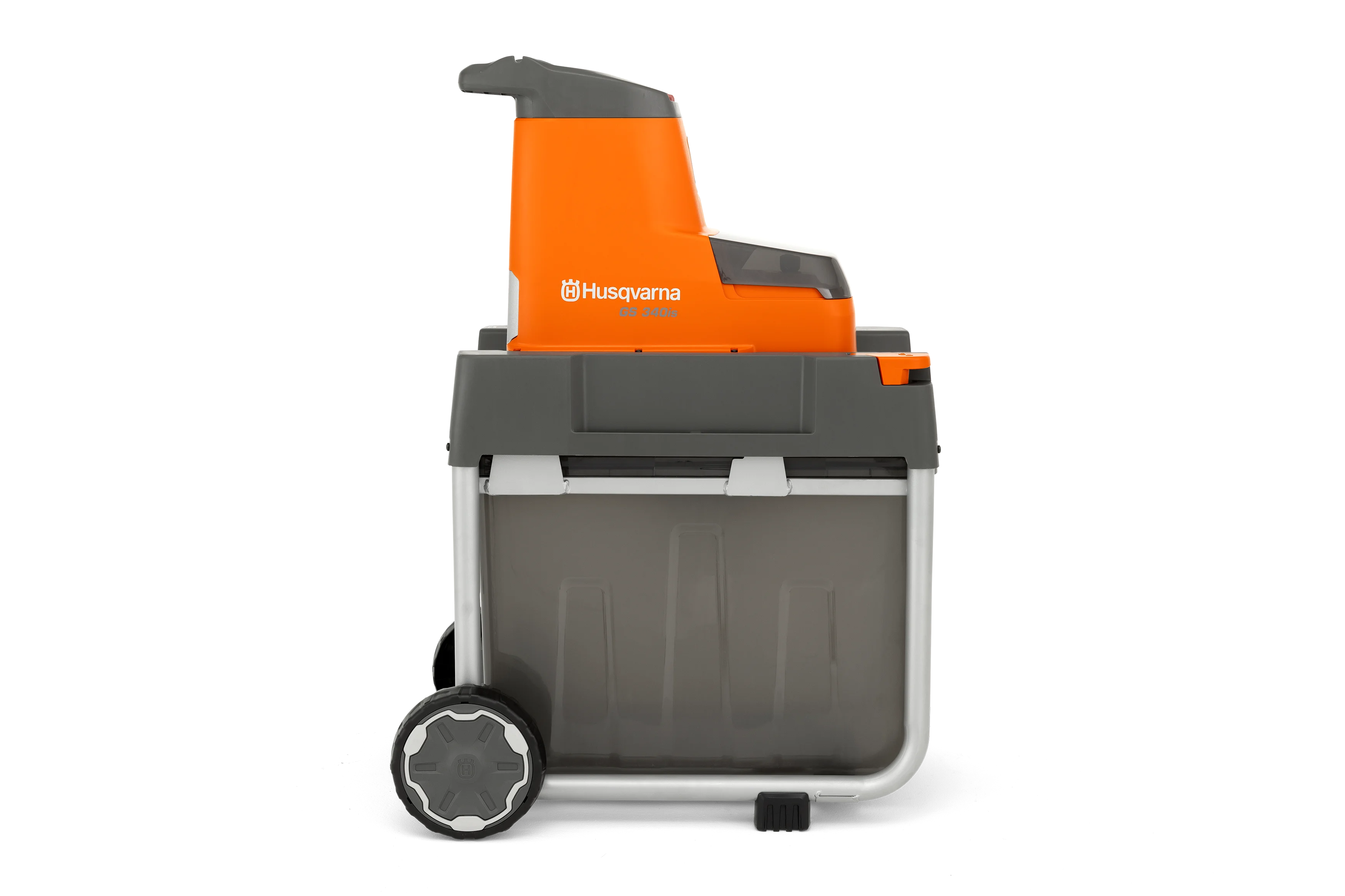 Husqvarna GS 340iS Akku-Häcksler in Seitenansicht mit integriertem Auffangbehälter