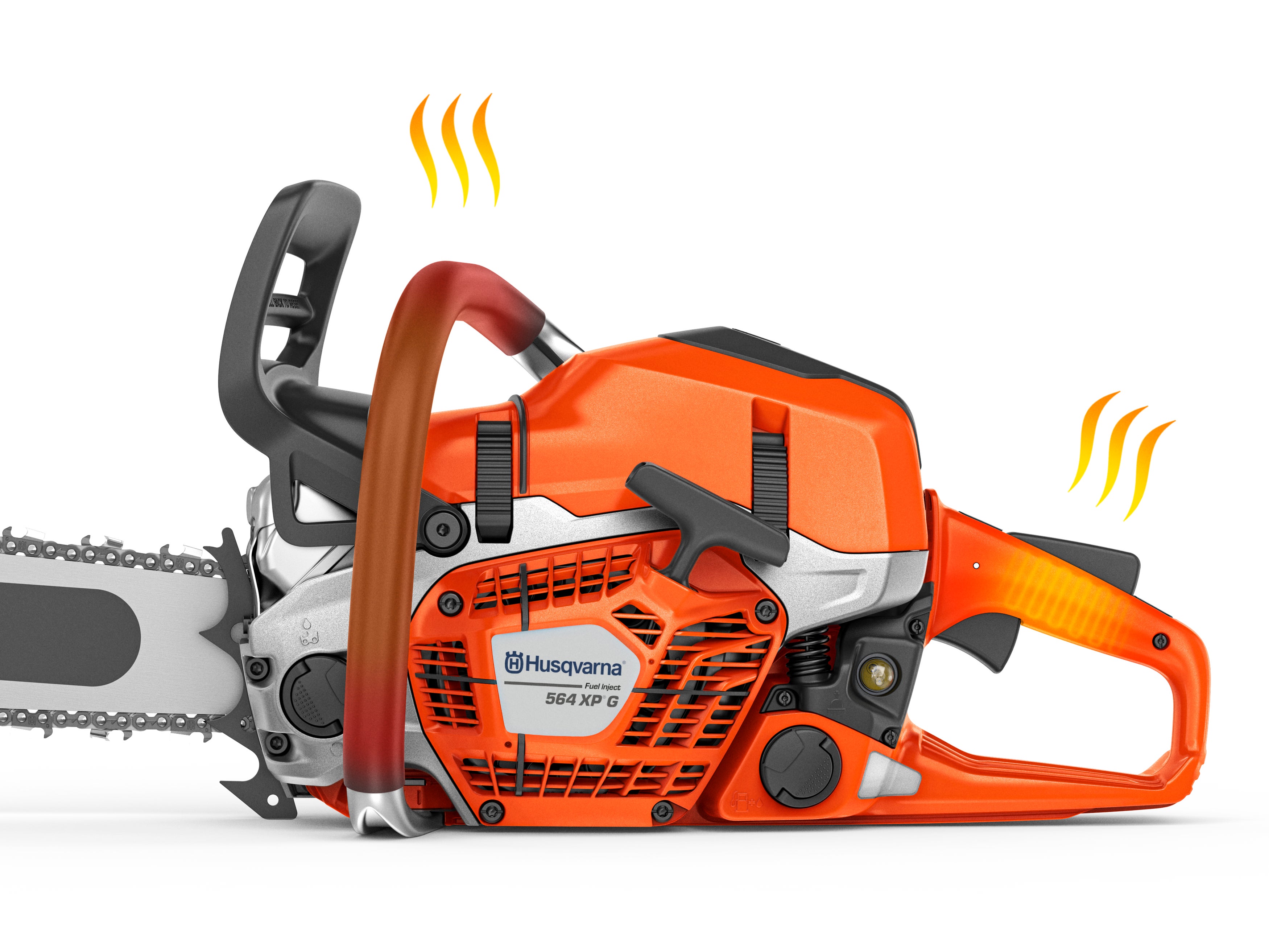 Detaildarstellung der Husqvarna 564 XPG Fuel Inject mit grafischer Hervorhebung der beheizbaren Handgriffe.