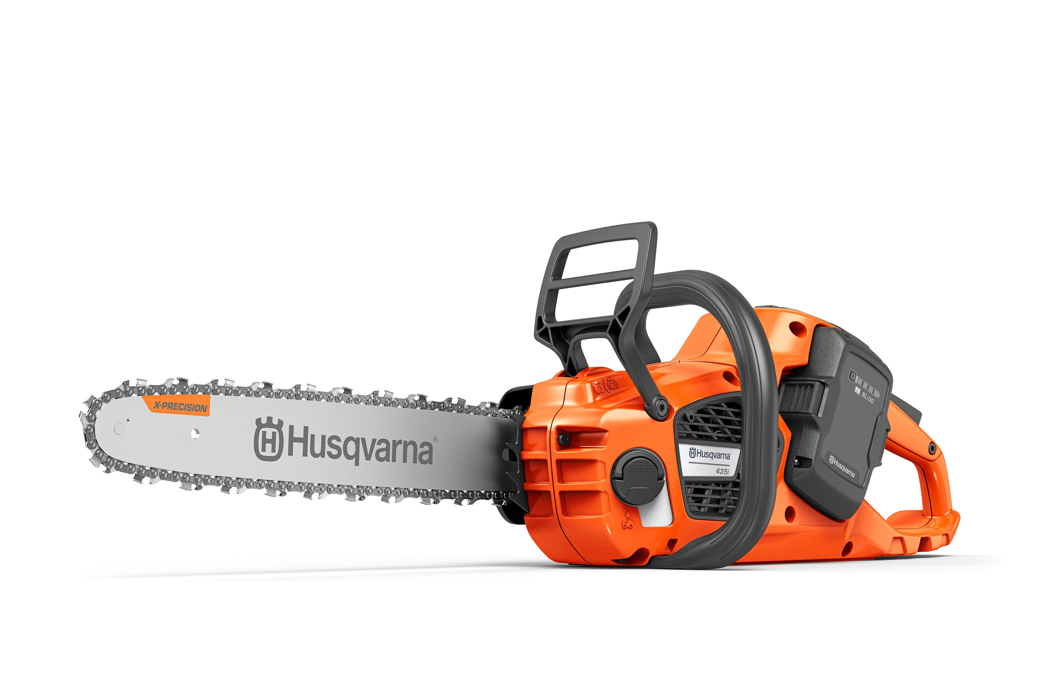 Husqvarna 435i Akku-Motorsäge mit eingesetztem Akku in der Frontansicht von vorne links.