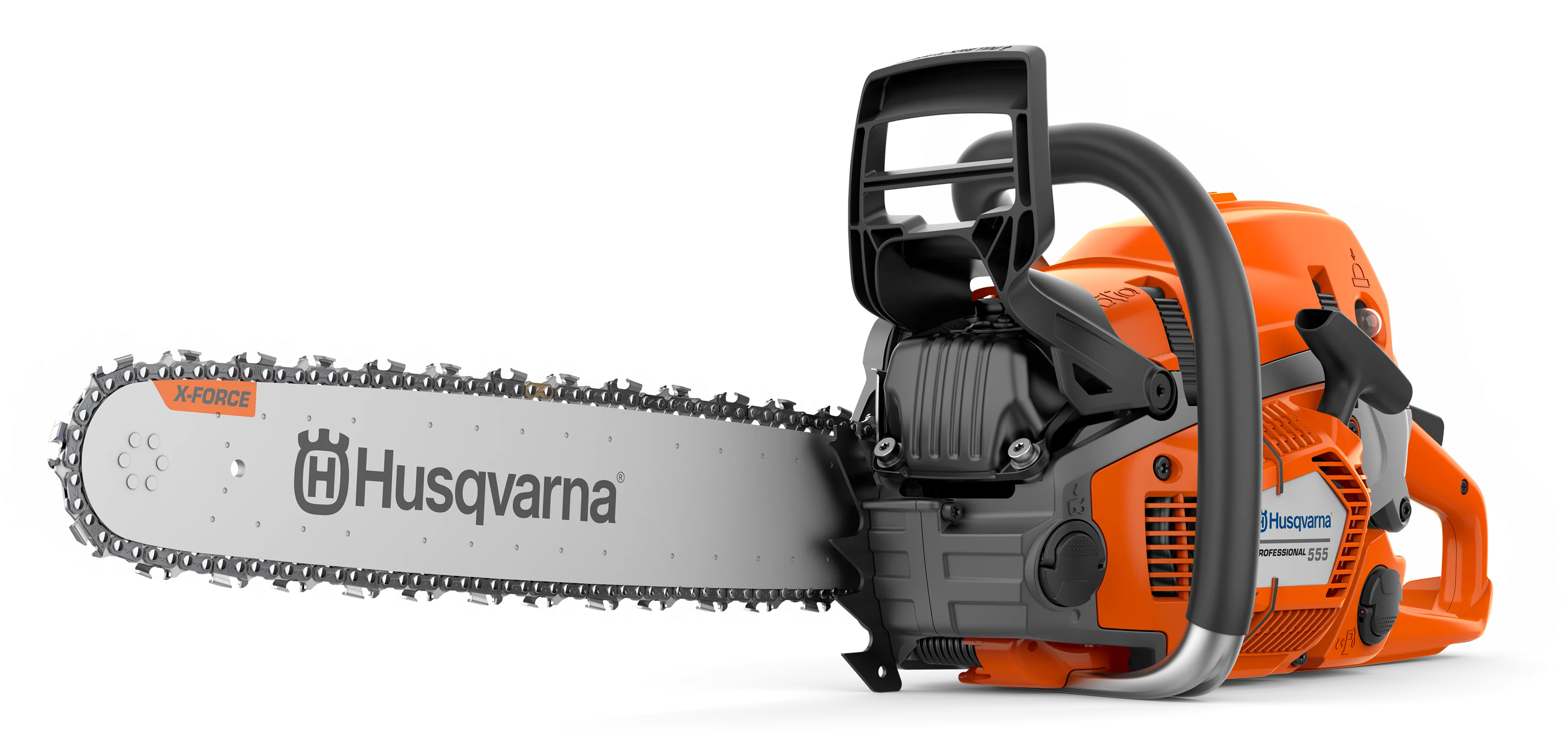 Husqvarna 555 Benzin-Motorsäge mit X-Force-Führungsschiene und ausgeklappter Kettenbremse.