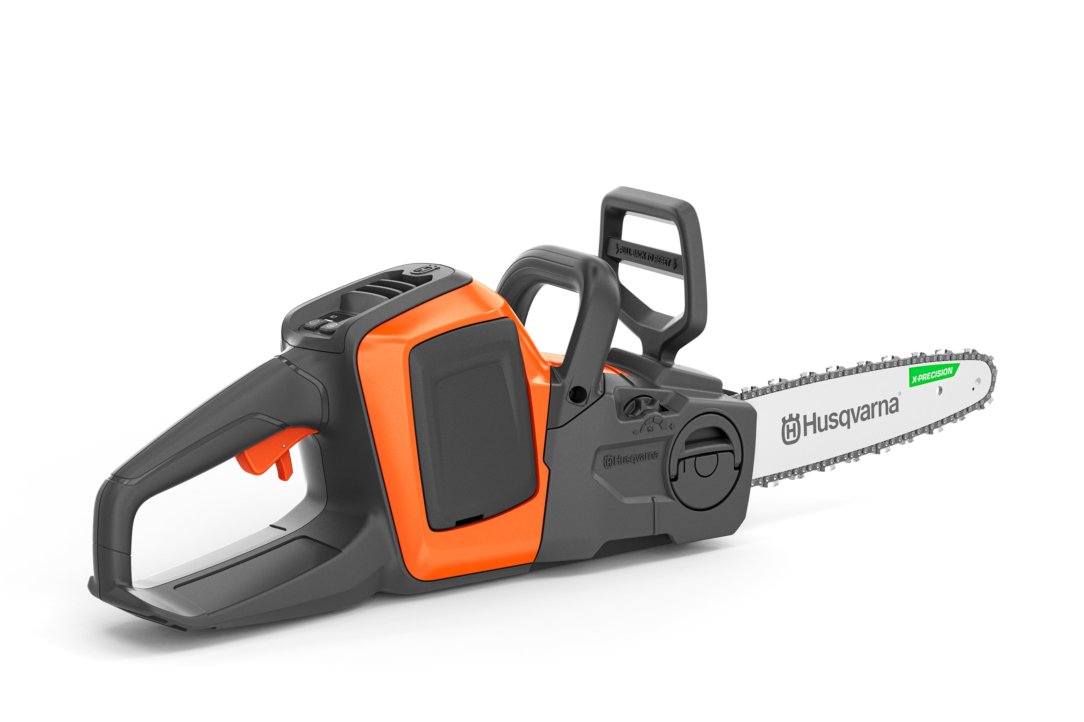 Husqvarna 215i Akku-Motorsäge mit einer Akku im Schacht.