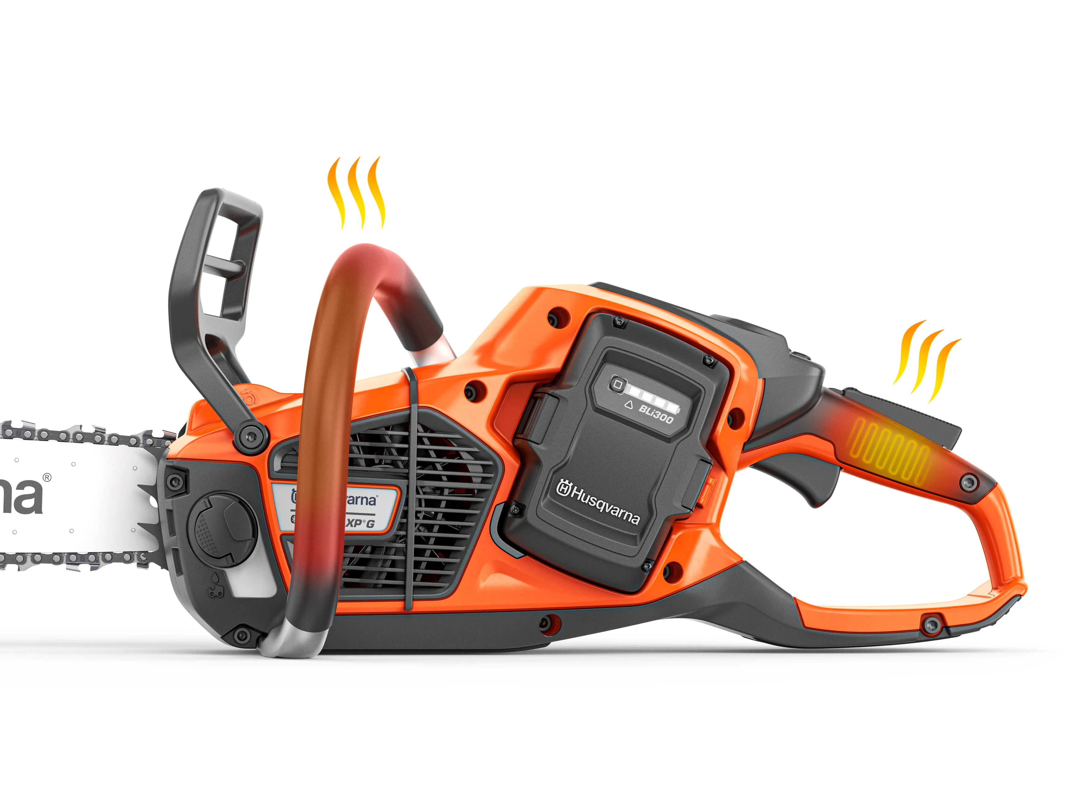 Husqvarna 540i XPG Akku-Motorsäge in der Seitenansicht mit eingesetztem BLi300-Akku und hervorgehobener Griffheizung an Vorder- und Hintergriff.