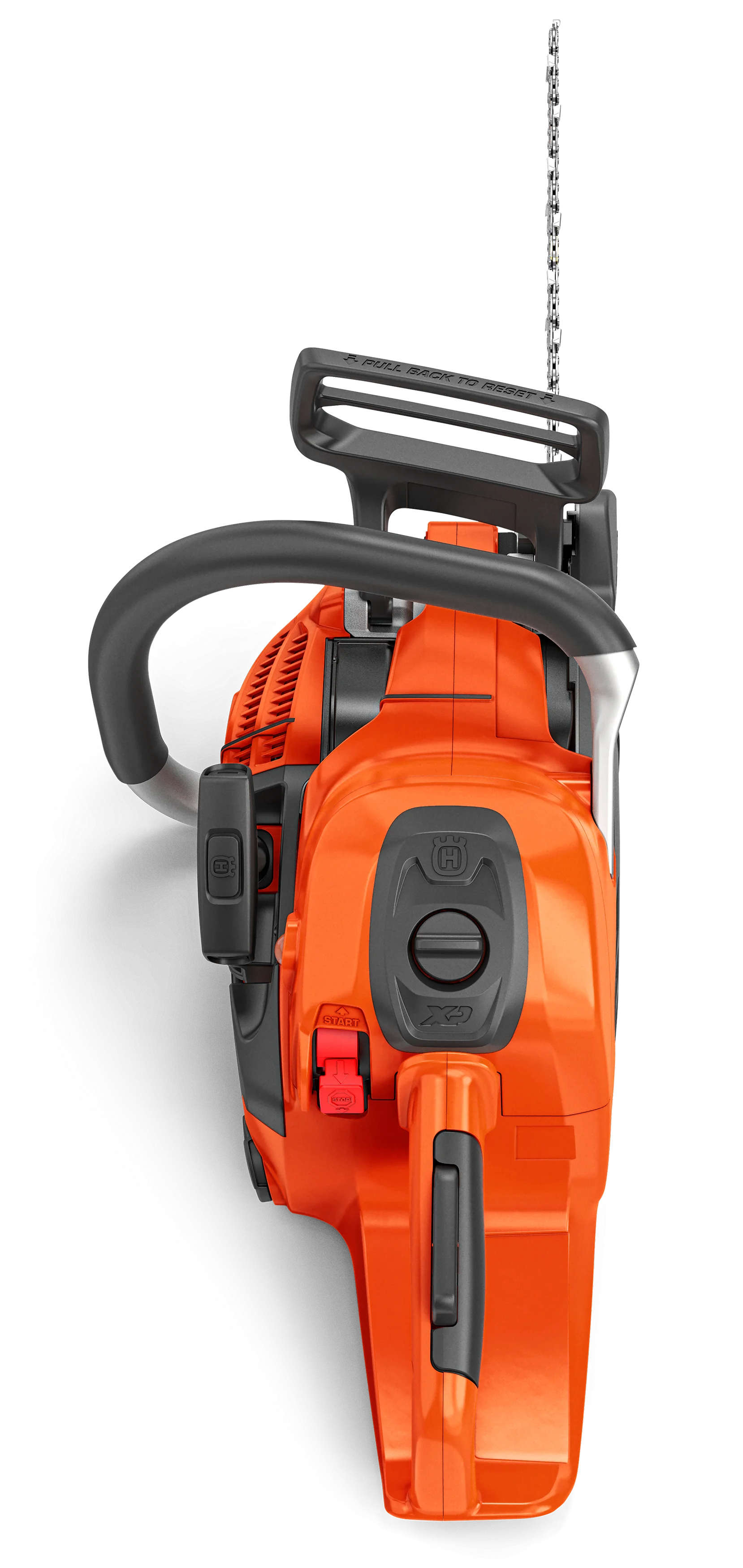 Vogelperspektive auf die Husqvarna 540 XP Mark III Motorsäge von oben mit Fokus auf den hinteren Handgriff und die Motorabdeckung vor schwarzem Hintergrund.