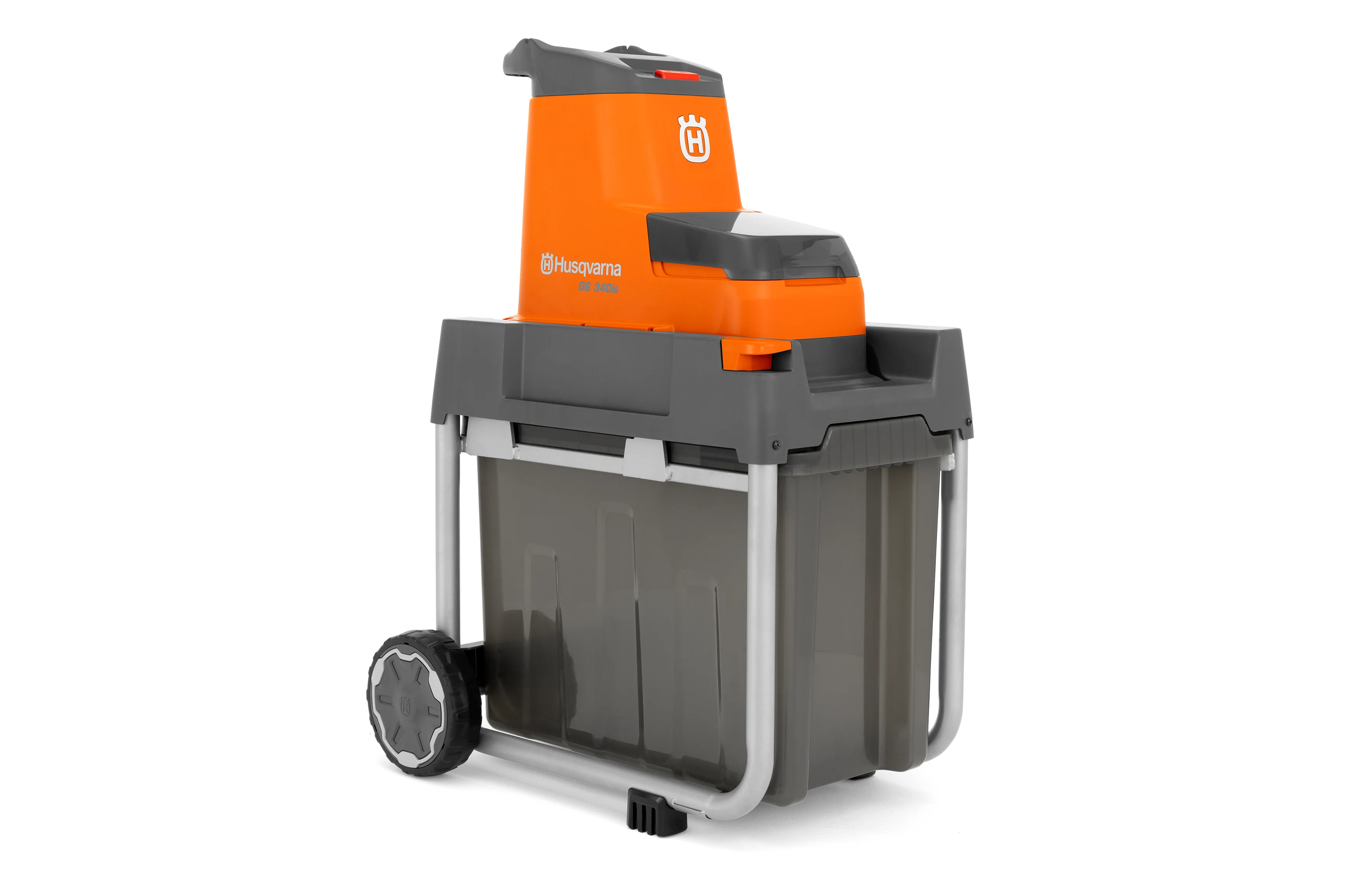 Husqvarna GS 340iS Akku-Gartenhäcksler in Frontansicht schräg mit Fangbox für Äste und Grünschnitt