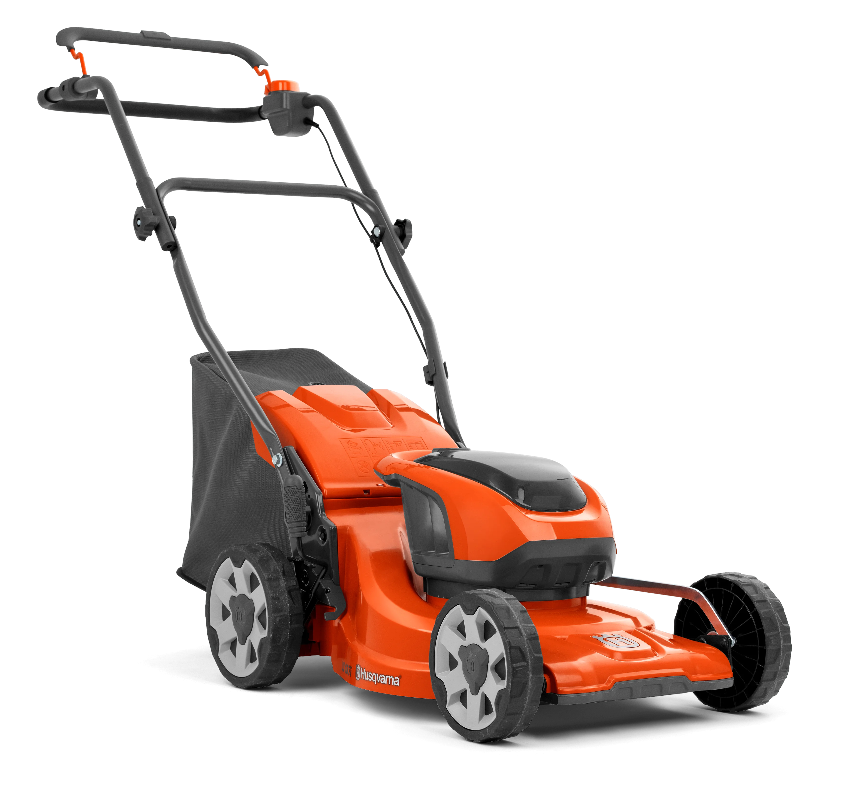 Einen orange-grauen Husquvarna Rasenmäher in einer seitlichen ansicht von der rechts