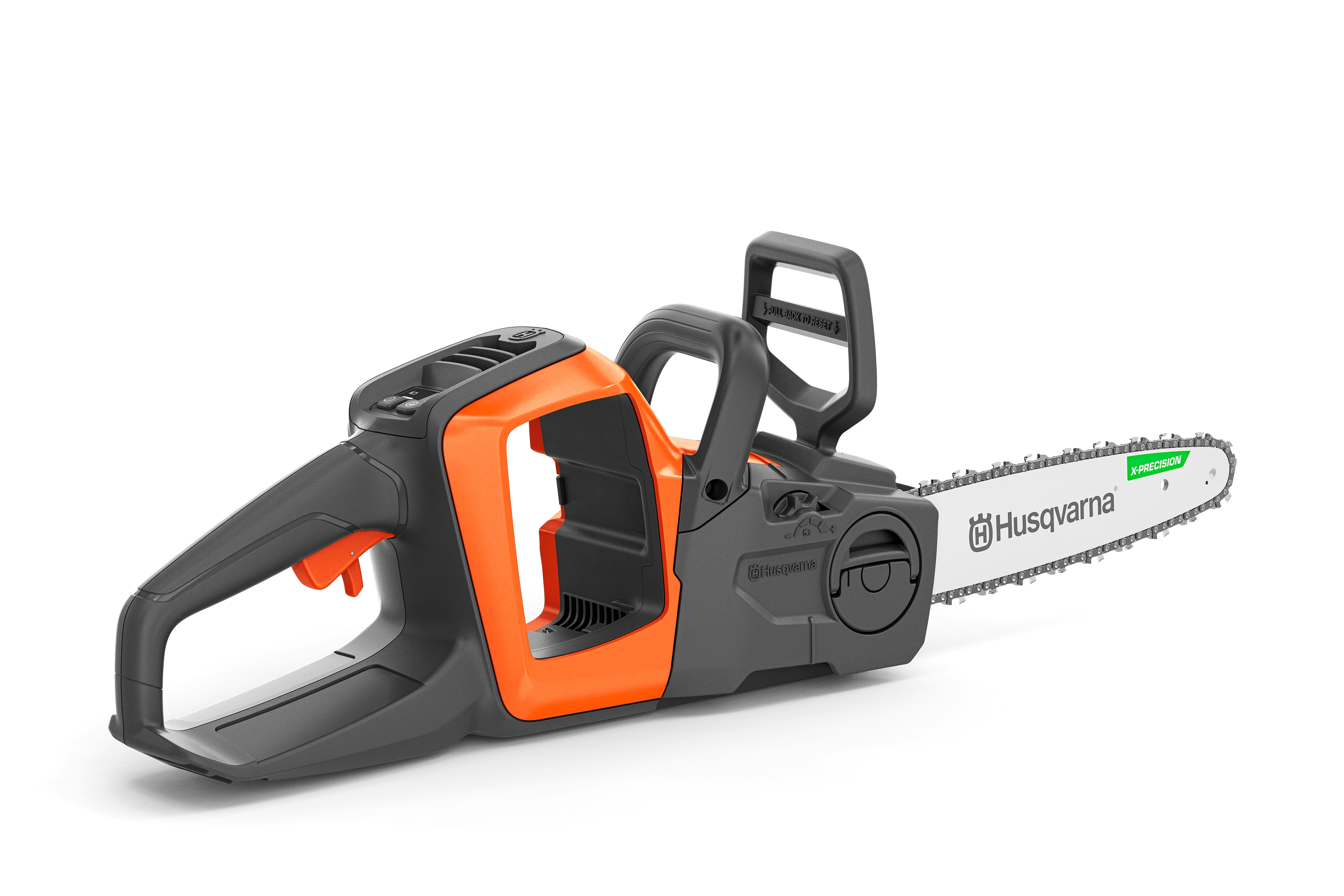 Husqvarna 215i Akku-Motorsäge ohne Akku mit X-Precision Führungsschiene in der rechten Seitenansicht.