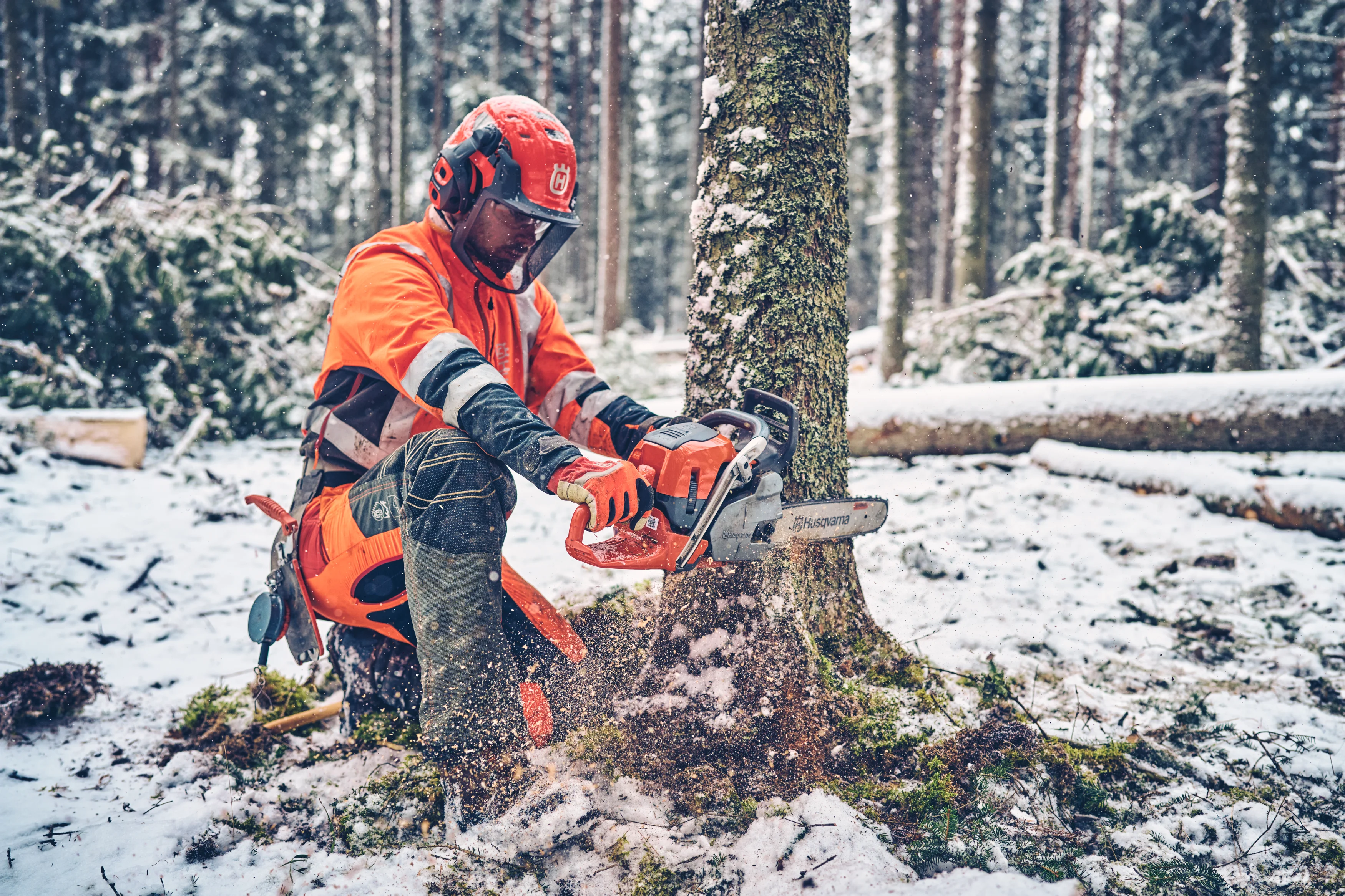 Waldarbeiter in Husqvarna-Schutzkleidung sägt verschneiten Baumstamm im Winterwald ab.