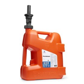 Orangefarbener 15-Liter-Petroleumkanister von Husqvarna mit schwarzem Einfüllstutzen