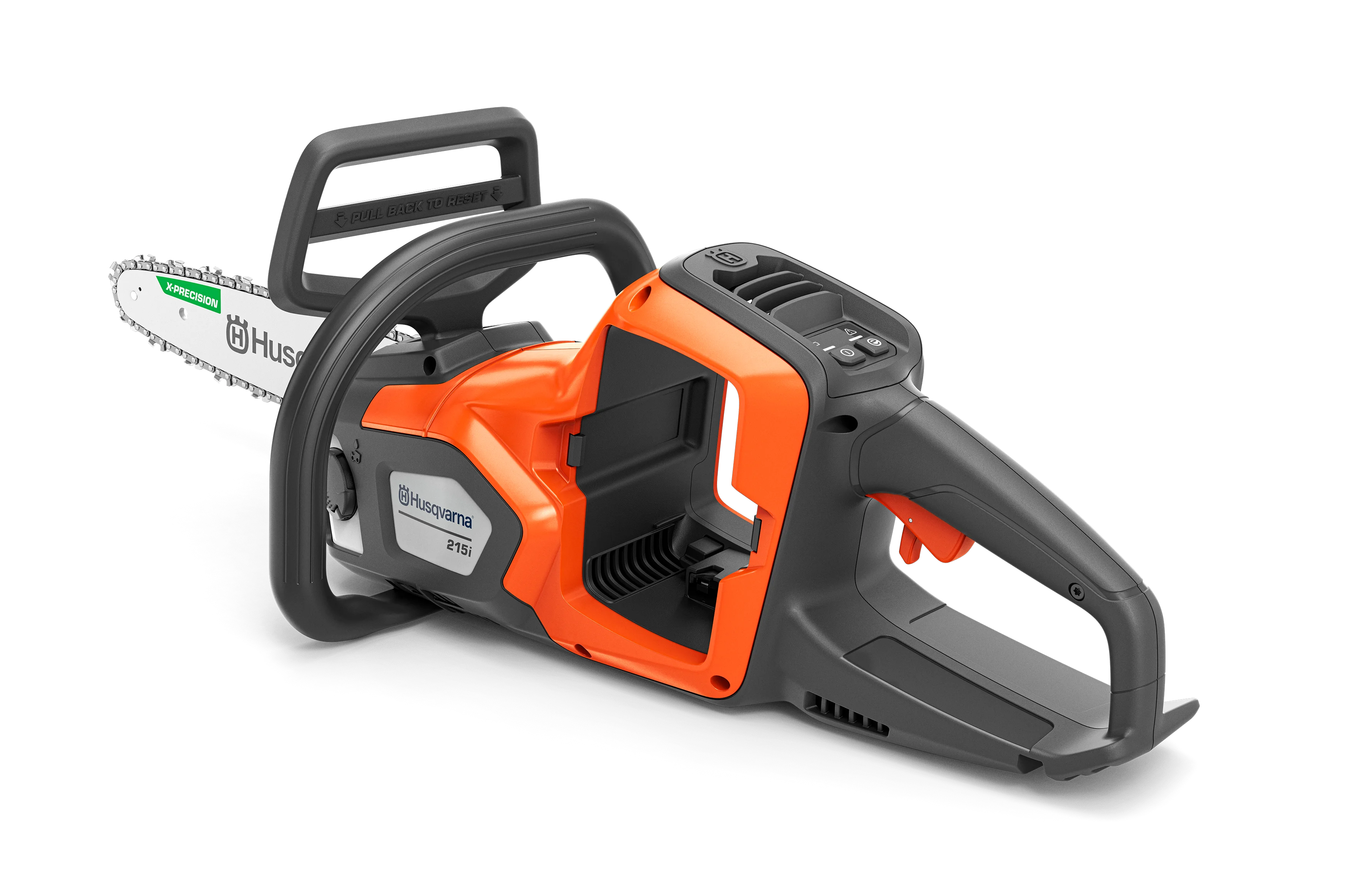 Husqvarna 215i Akku-Motorsäge mit geöffnetem, leerem Akkuschacht in der linken Seitenansicht.
