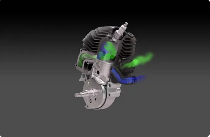 3D-Grafik des Husqvarna X-Torq Zweitaktmotors mit sichtbaren Luft- und Kraftstoffströmungen im Zylinder.