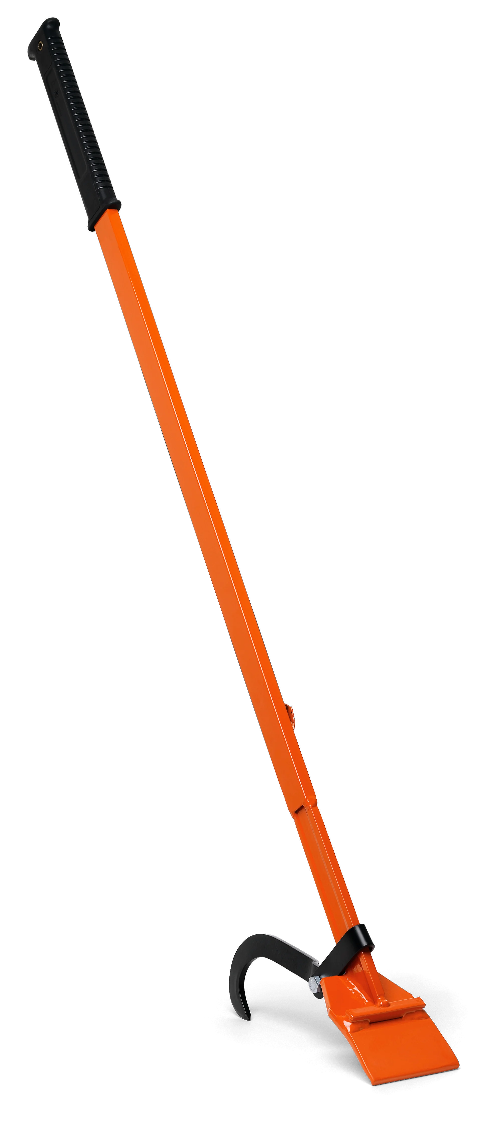 Langer Fällheber in Orange mit Wendehaken, rutschfestem Griff und flacher Fällplatte für die Forstarbeit