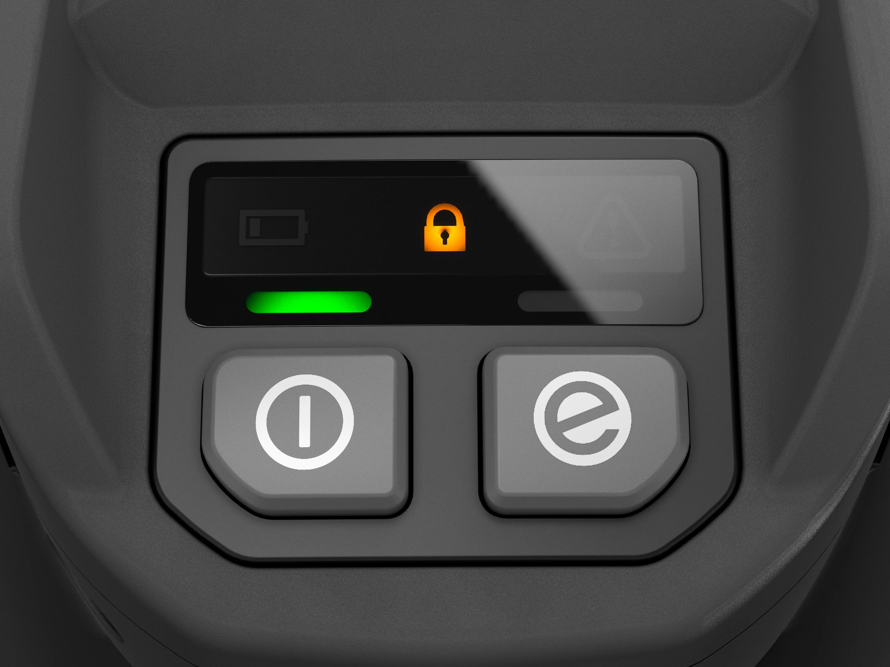 Nahaufnahme der digitalen Bedienoberfläche der Husqvarna 215i mit Start-Taste, savE-Taste und Status-LEDs.